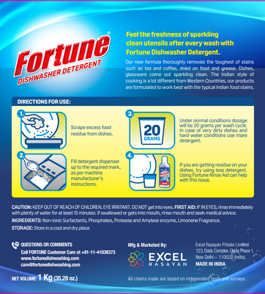 Fortune Dishwasher Starter Combo - Detergent 1 Kg, Salt 1 Kg and Rinse Aid 500 ml