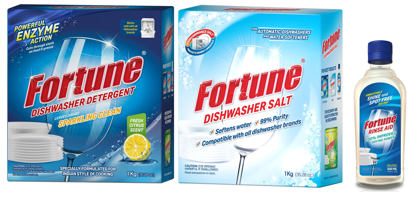 Fortune Dishwasher Starter Combo - Detergent 1 Kg, Salt 1 Kg and Rinse Aid 500 ml